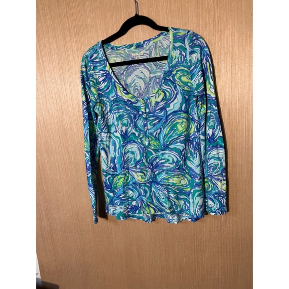 Lilly Pulitzer Top Long Sleeve Button Down Blue Green Patterned Womens - Picture 1 of 5